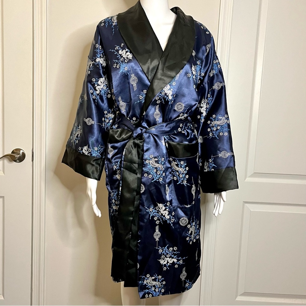 Thai Silk Blue Black Floral Reversible Luxe Kimono Robe Embroidered Dragon NWOT